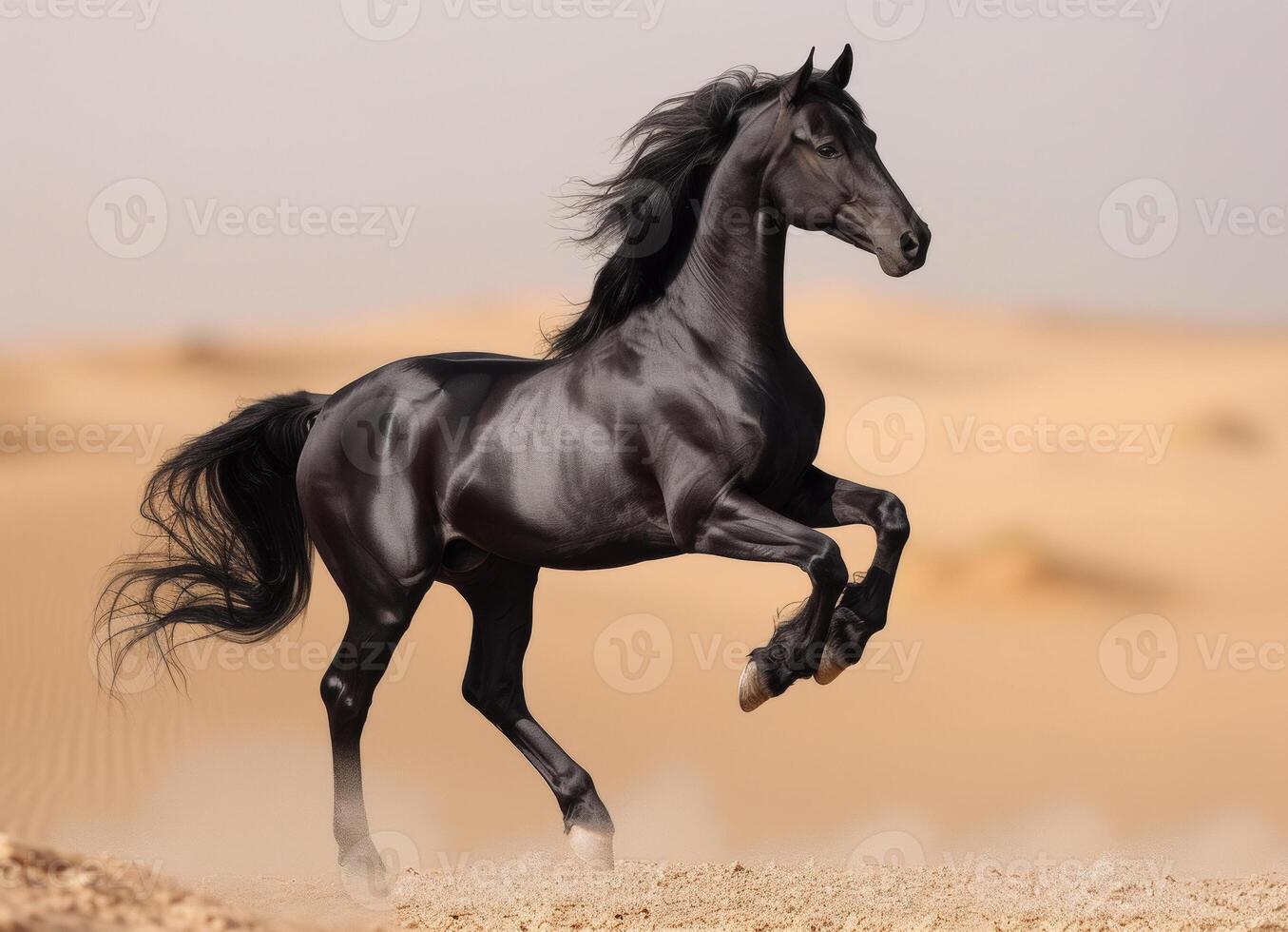 ai generado negro caballo carreras en el Desierto foto