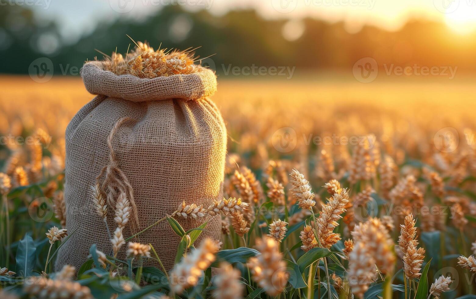 AI generated Sack of wheat on the field at sunset. Grain of wheat bag in a field photo