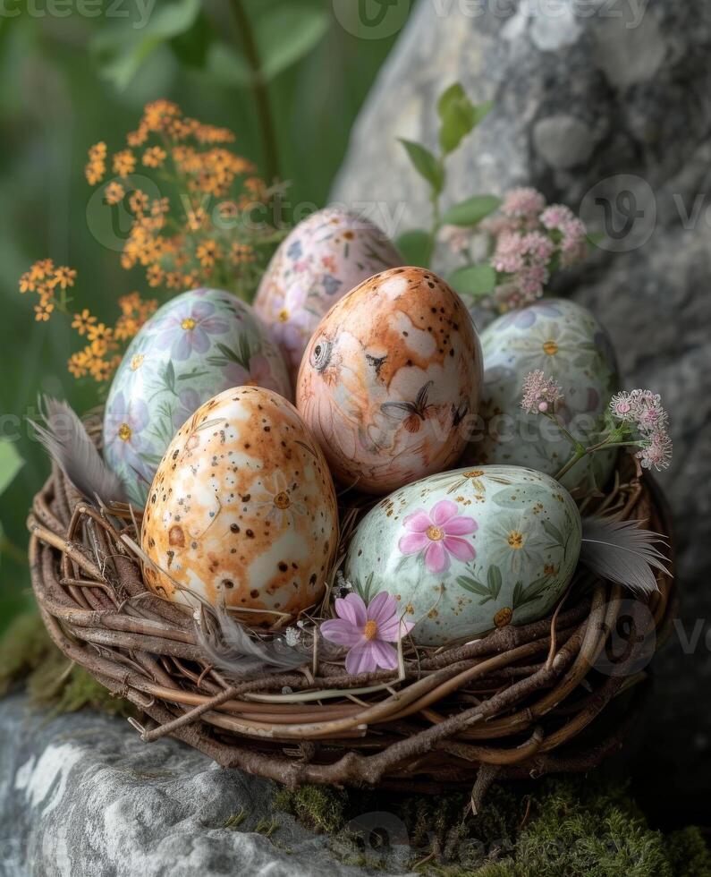 AI generated Easter eggs in nest. Painted eggs set in a basket with feathers and some flowers photo