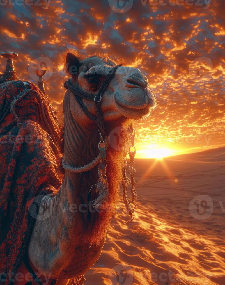 AI generated Camel and the sunset. Big beautiful camel in the desert photo