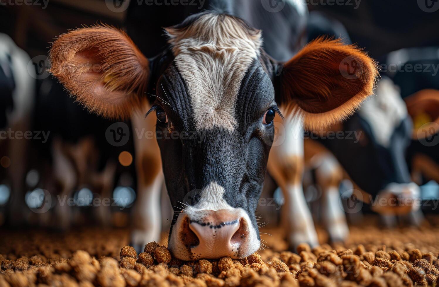 AI generated Young calf is eating feed in cowshed photo