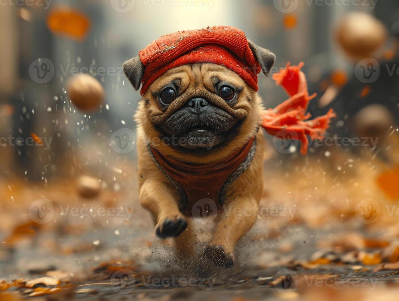 AI generated Pug dog running in the rain with scarf and autumn leaf photo