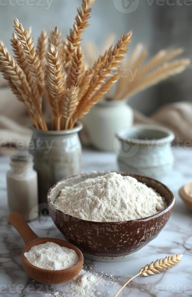 AI generated Flour in wooden bowl with wheat on marble background photo