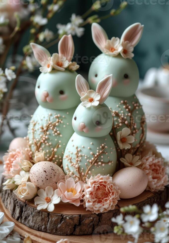 AI generated Easter cake and bunnies on wooden background photo