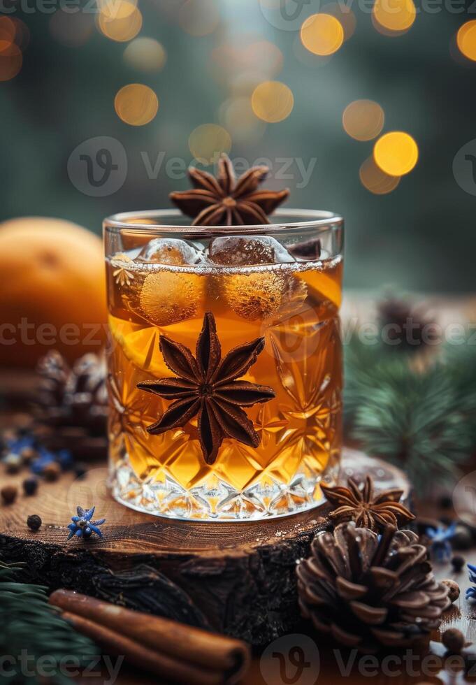 AI generated Glass of whiskey with anise and cinnamon on wooden table. Christmas lights and decorations in the background. photo