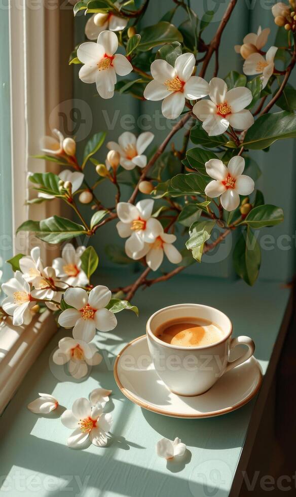 AI generated Cup of coffee with spring flowers photo