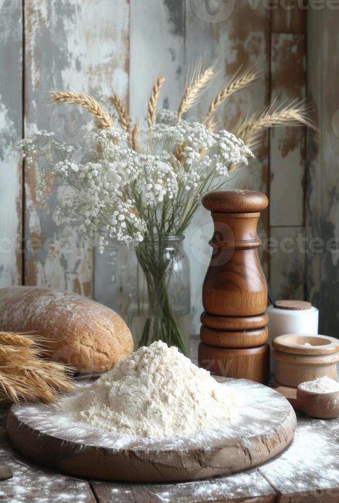 AI generated Flour and wheat on the table old wooden background photo