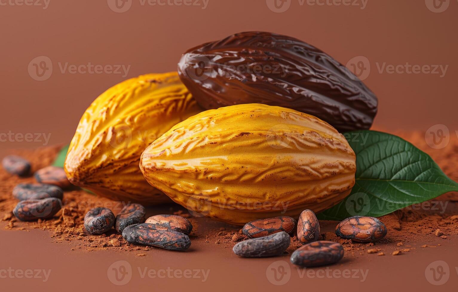 AI generated Cocoa beans and cocoa fruit with cocoa powder on brown background photo