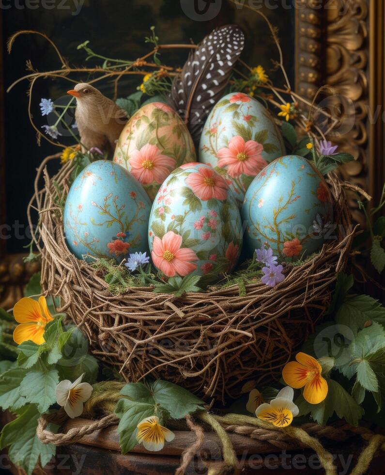 AI generated Easter eggs in nest with flowers and bird photo