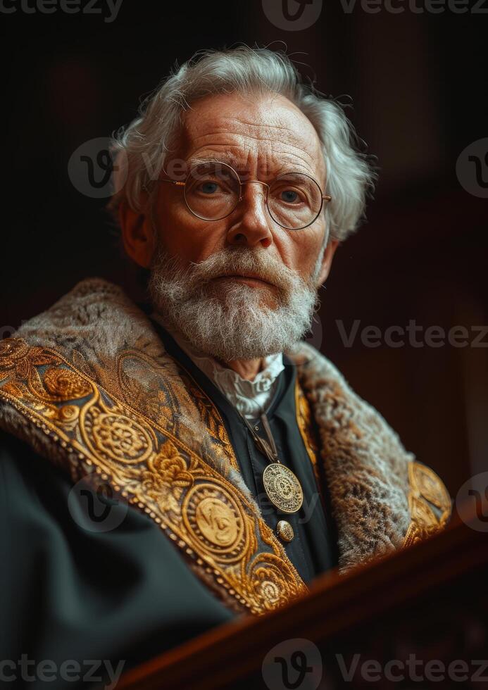 AI generated Old wise man sitting on the throne in ancient castle photo