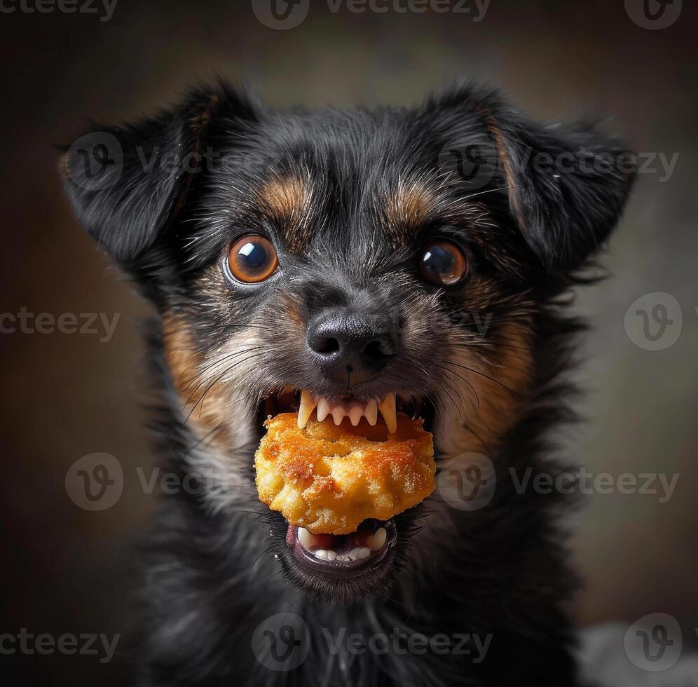 AI generated Small black dog is eating chicken nugget with its mouth wide open. photo