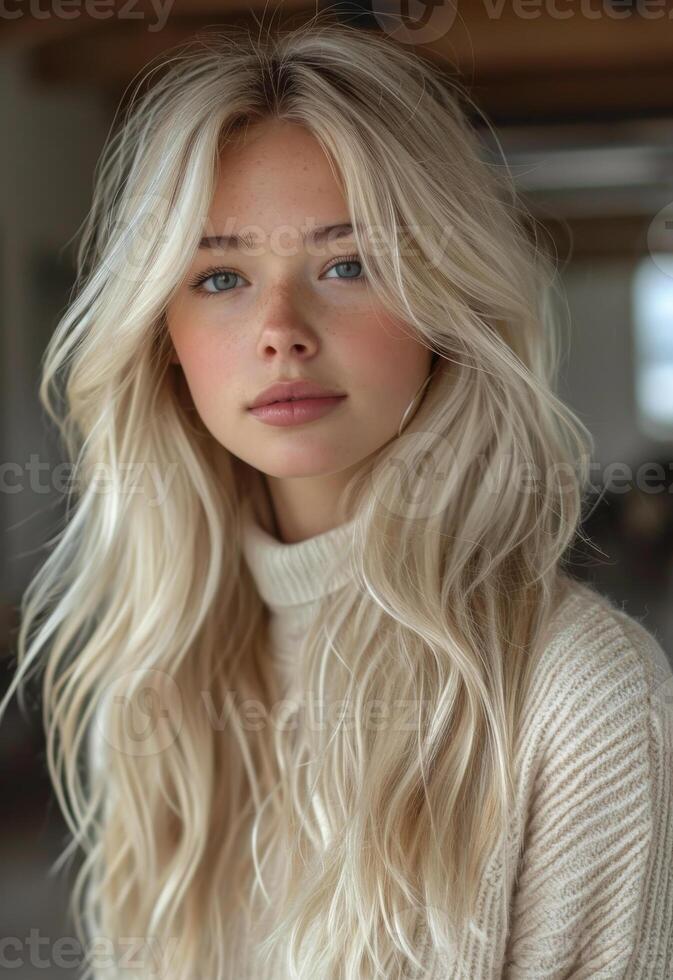 AI generated Portrait of beautiful young blonde woman with long hair photo