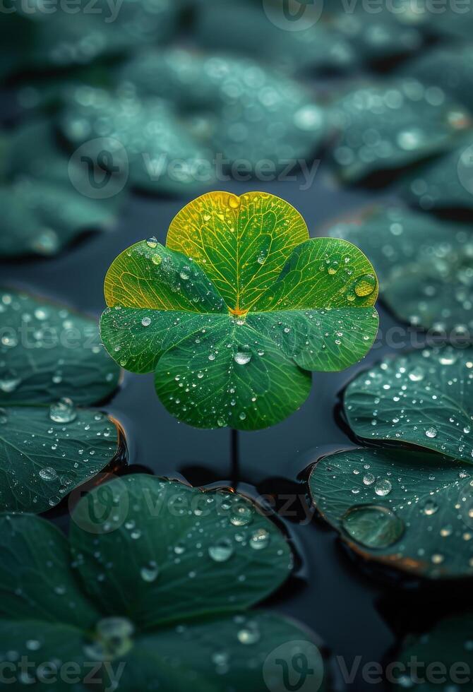 AI generated Lucky four leaf clover and water droplets photo