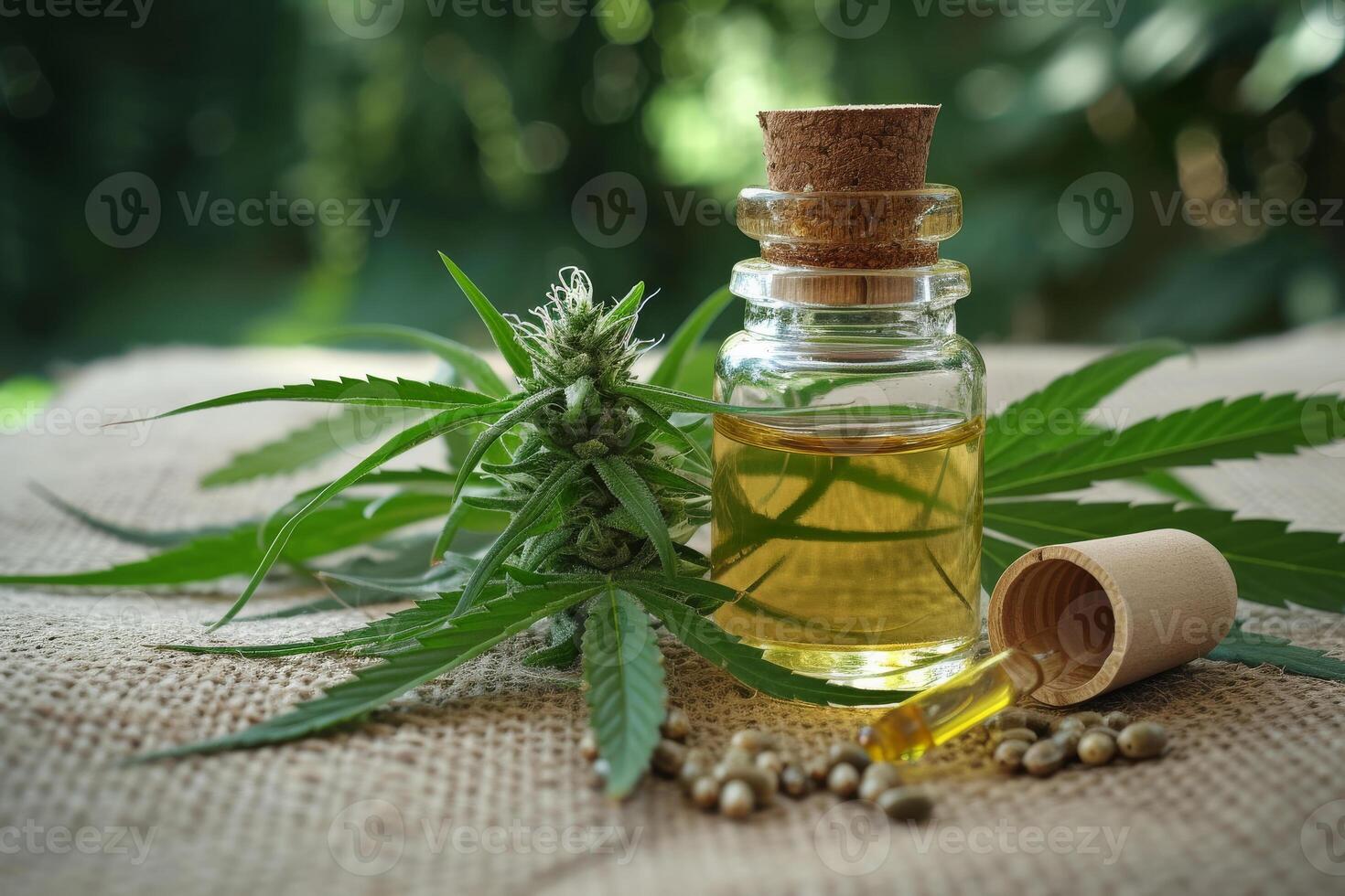 AI generated Bottle of hemp oil with cannabis leaf and hemp seed in the background photo