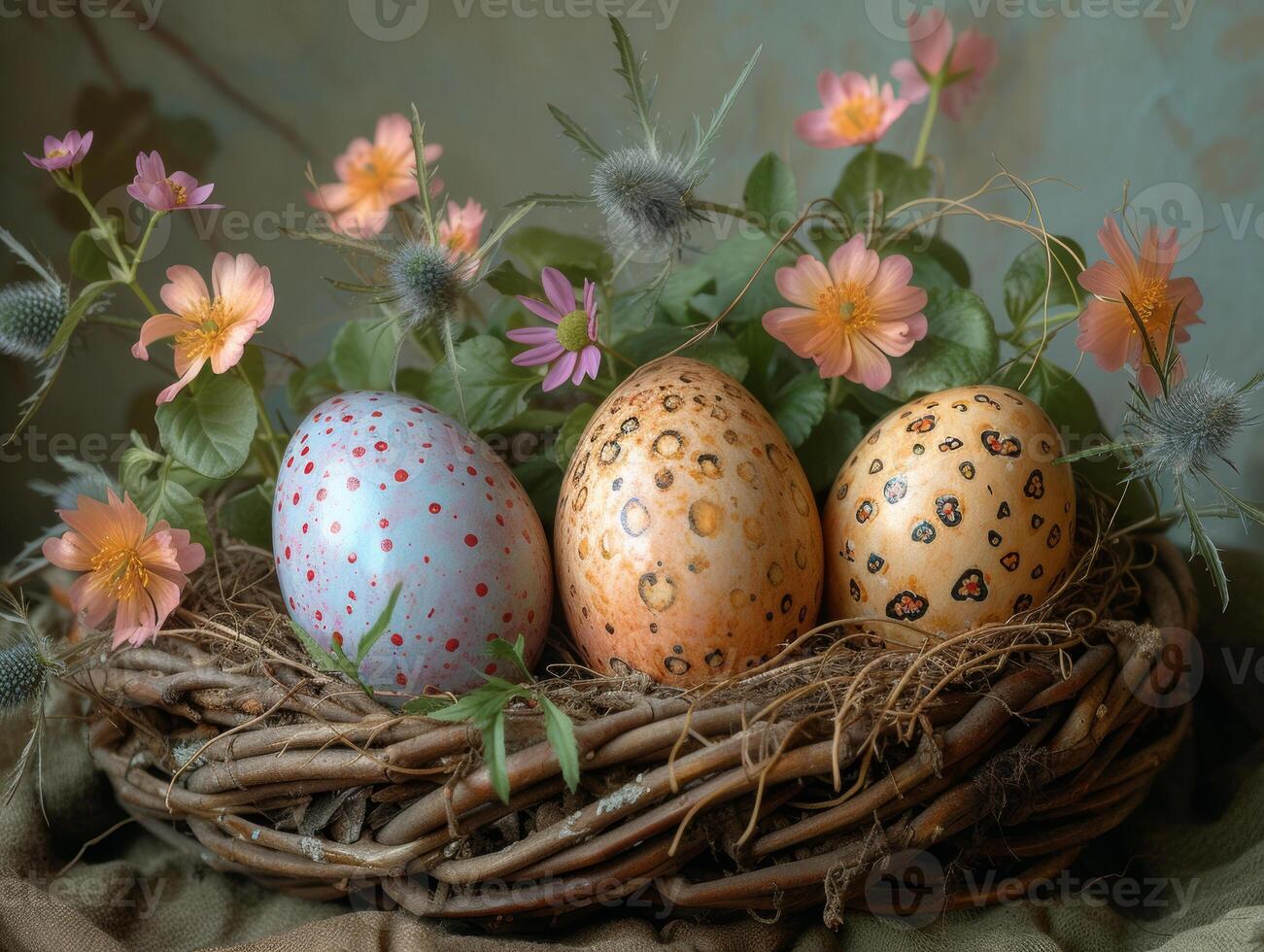 AI generated Easter eggs in nest. Painted eggs set in a basket with feathers and some flowers photo