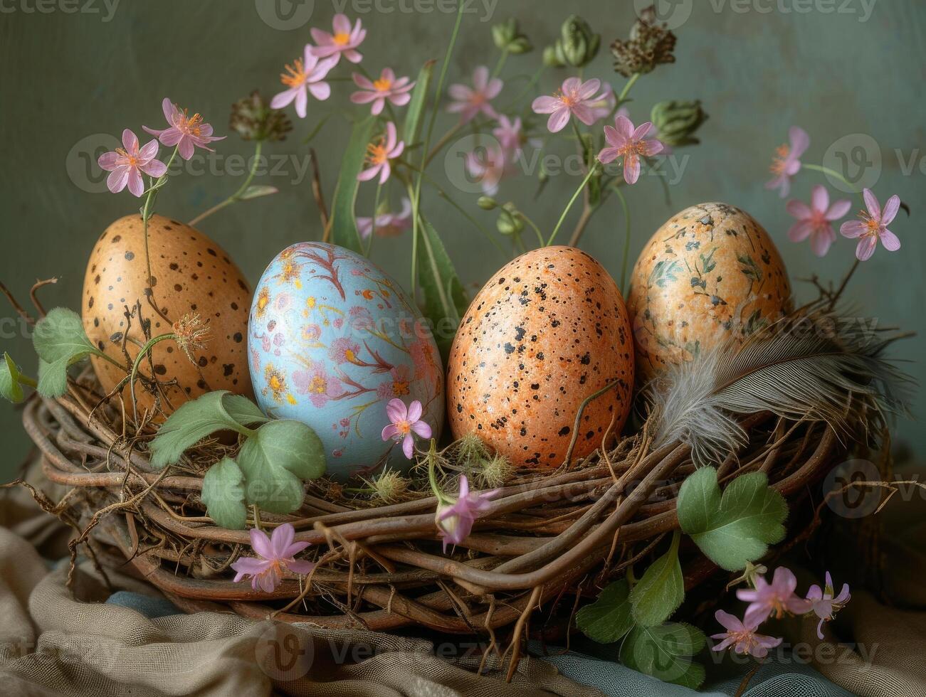 AI generated Easter eggs in nest with flowers and feathers photo