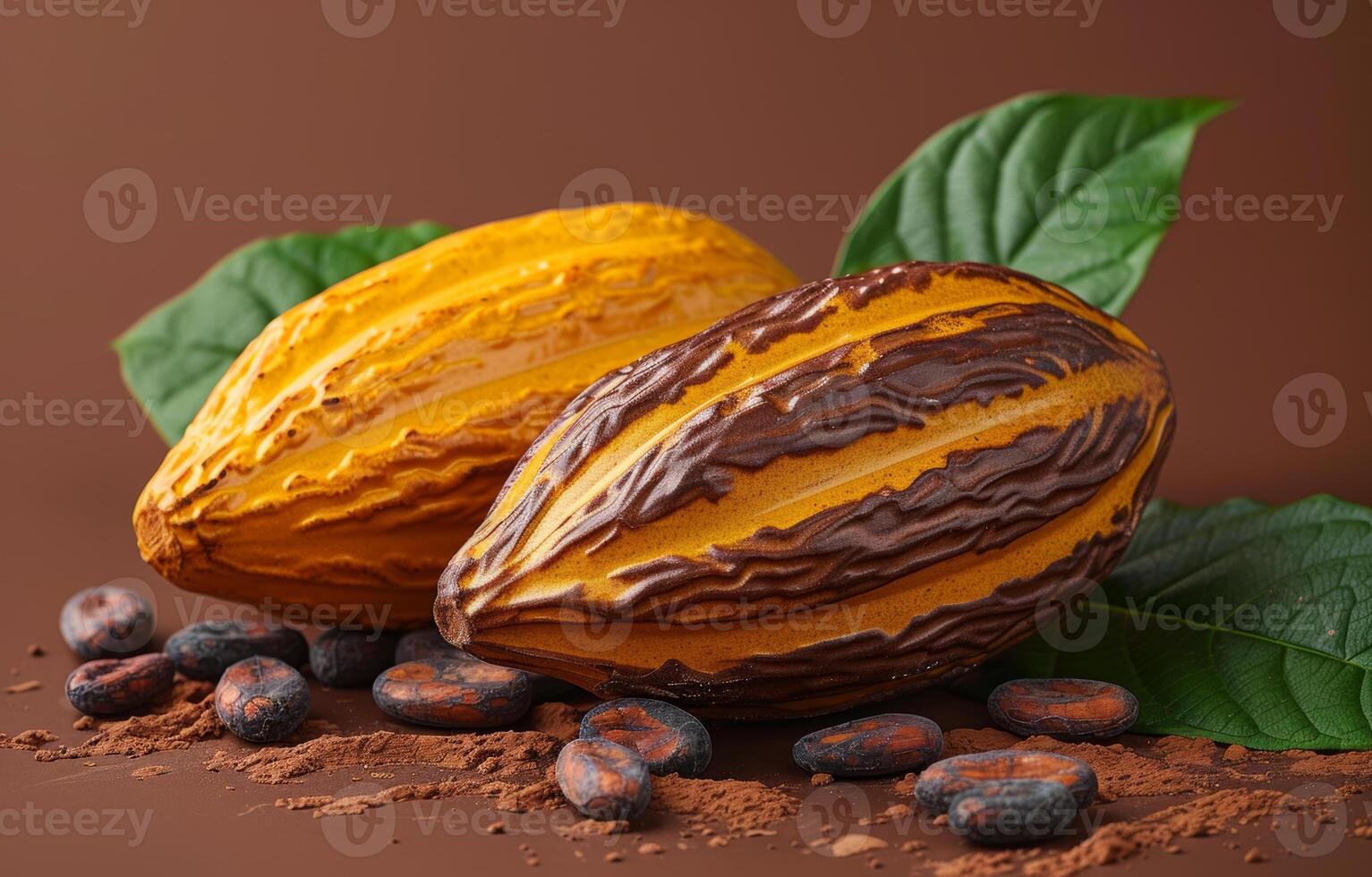 AI generated Cocoa pods and cocoa beans on brown background photo