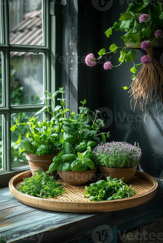 AI generated Herbs and flowers in pots on window sill photo