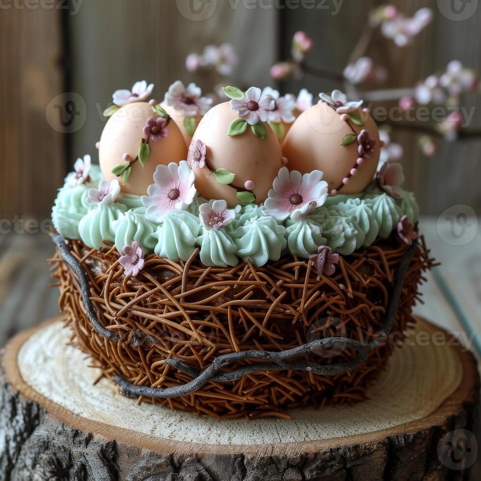 AI generated Easter cake with eggs and flowers on wooden table photo