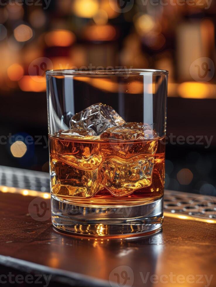 AI generated Glass of whiskey with ice cubes on the wooden bar counter photo
