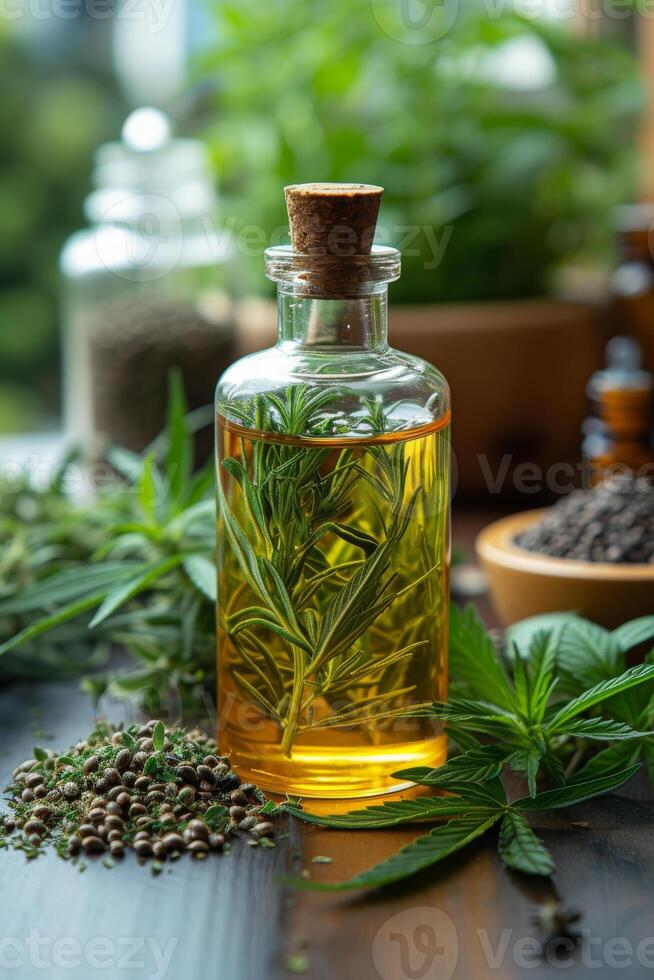 AI generated Bottle of rosemary oil with fresh rosemary twigs and seeds photo