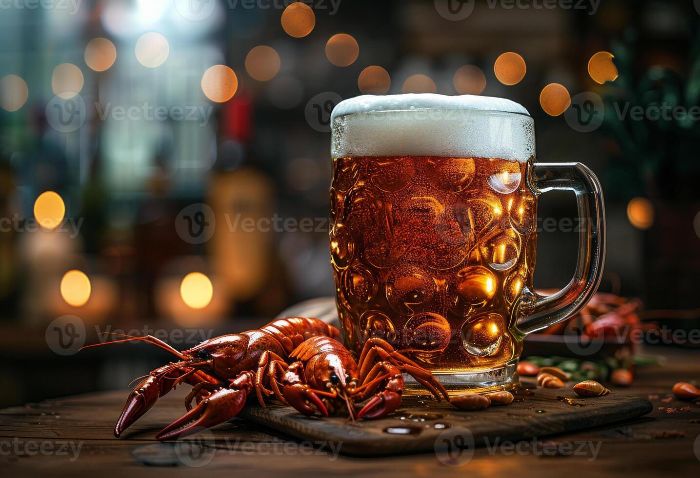 ai generado cangrejo de río y jarra de cerveza en de madera mesa foto