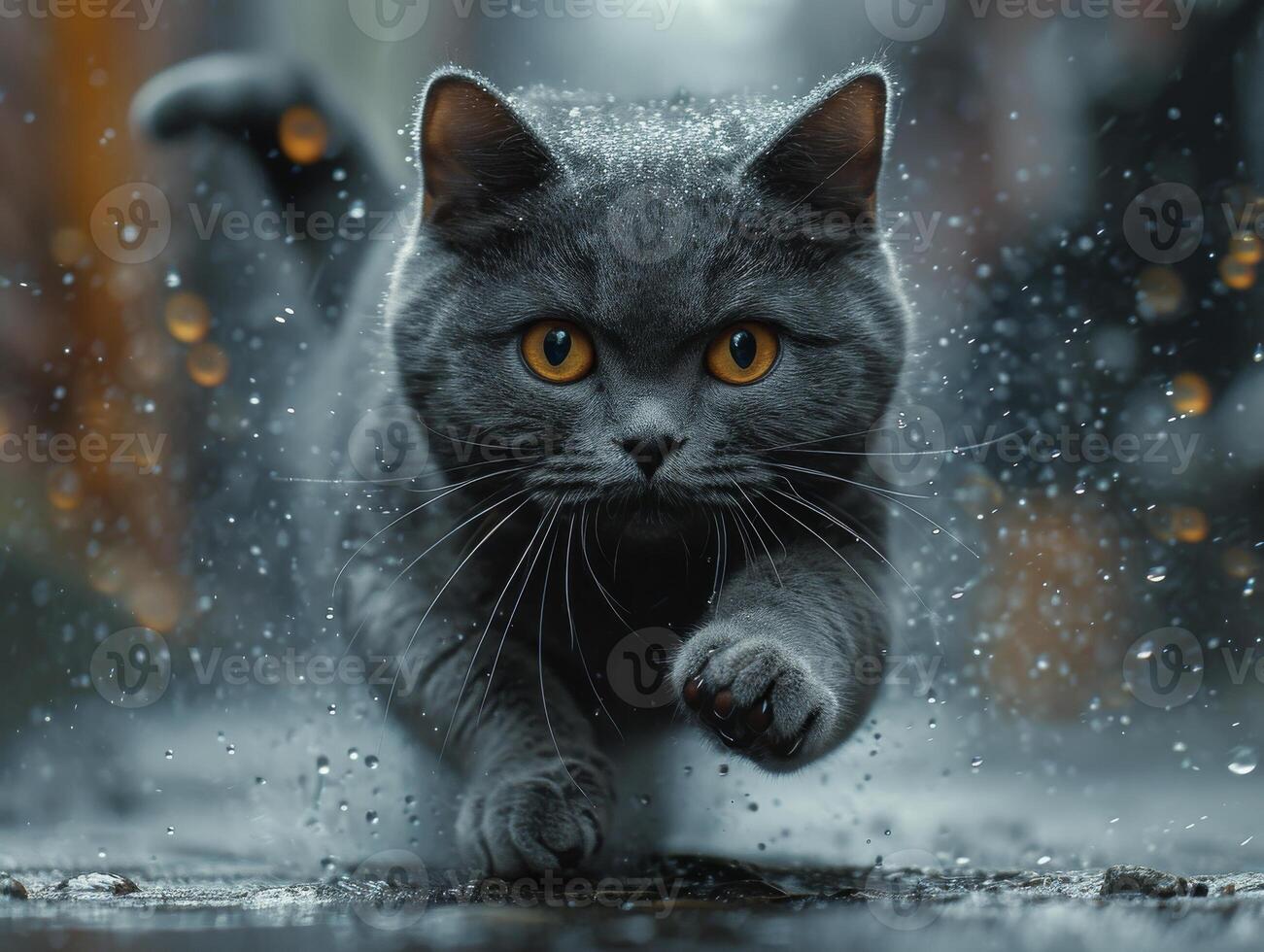 ai generado británico cabello corto gato corriendo en el lluvia con agua gotas volador alrededor foto