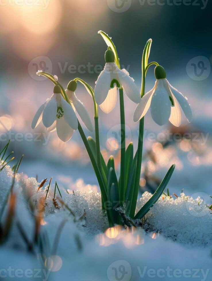 AI generated Snowdrop flowers growing up through the snow in early spring photo