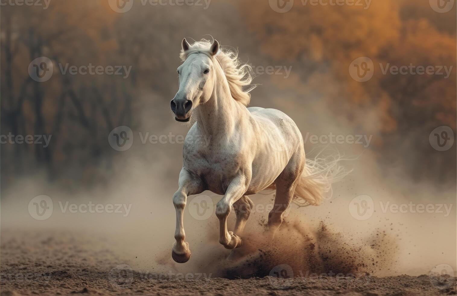 AI generated White horse runs forward on the sand in the dust on the sky background photo