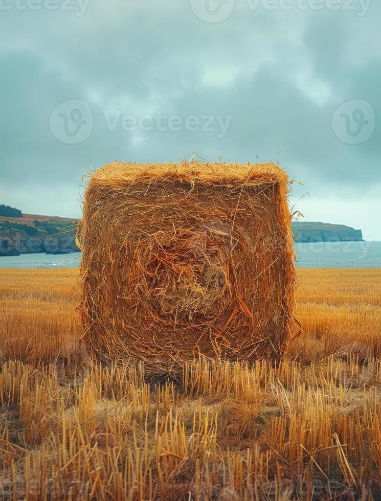 AI generated Hay bale in field and lake in the background photo