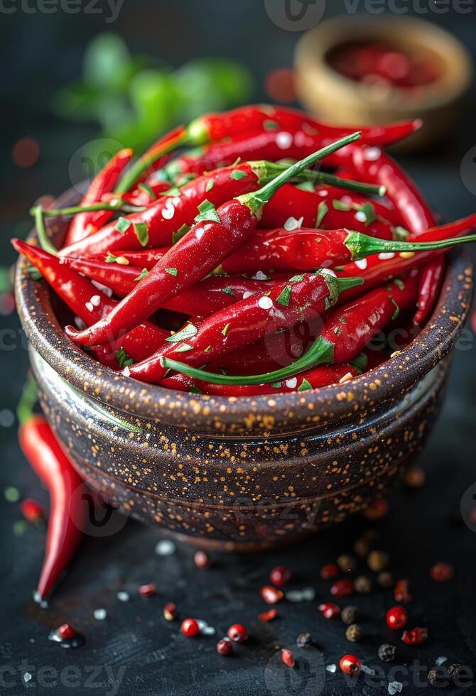 AI generated Red hot chili peppers in bowl on dark background photo
