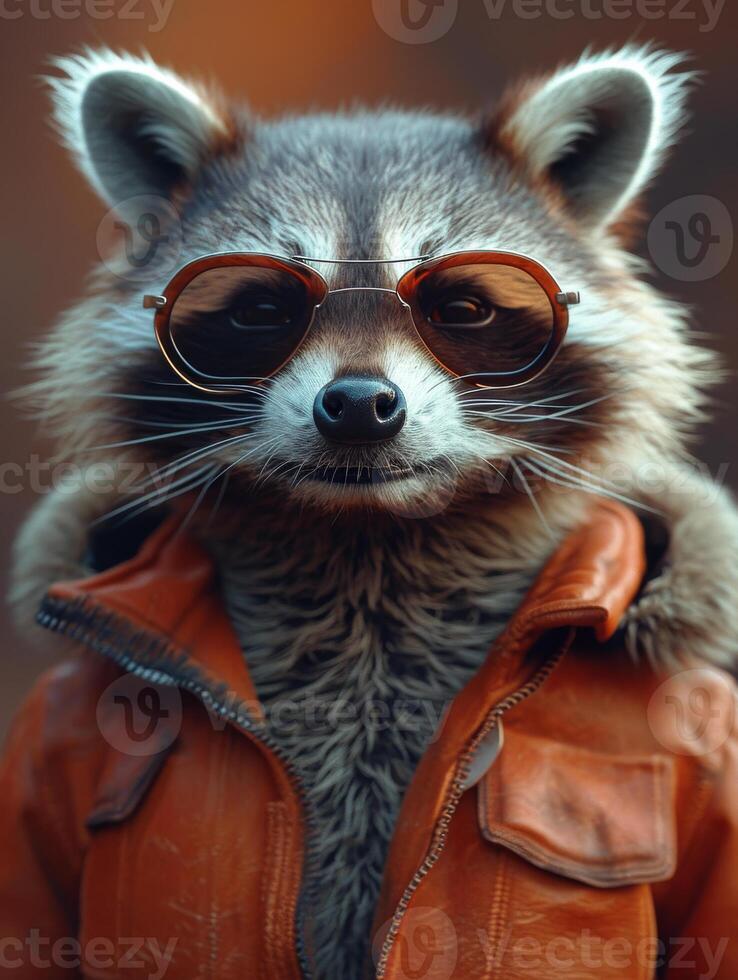 ai generado retrato de gracioso mapache en marrón cuero chaqueta y Gafas de sol foto