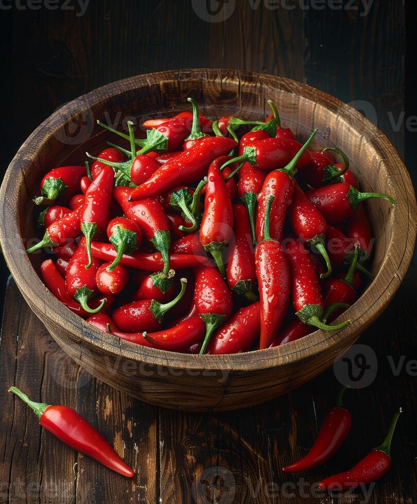 ai generado rojo caliente chile pimientos en de madera cuenco en oscuro rústico antecedentes foto