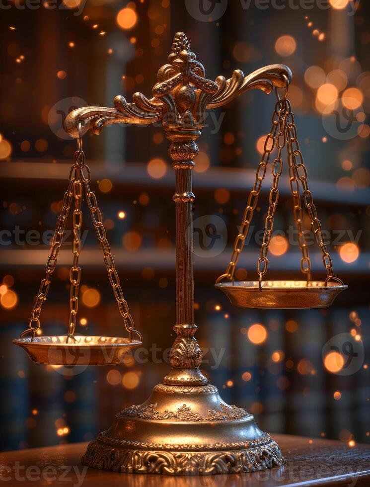 AI generated Scales of Justice on wooden table photo