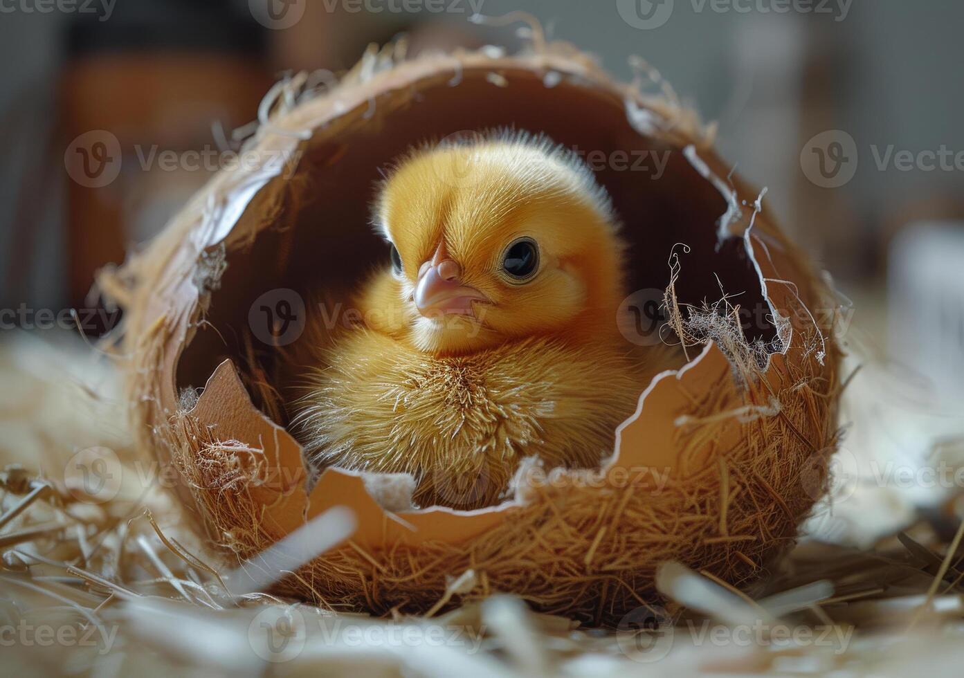 AI generated Cute little chicken hatched from egg and sits in hay nest photo