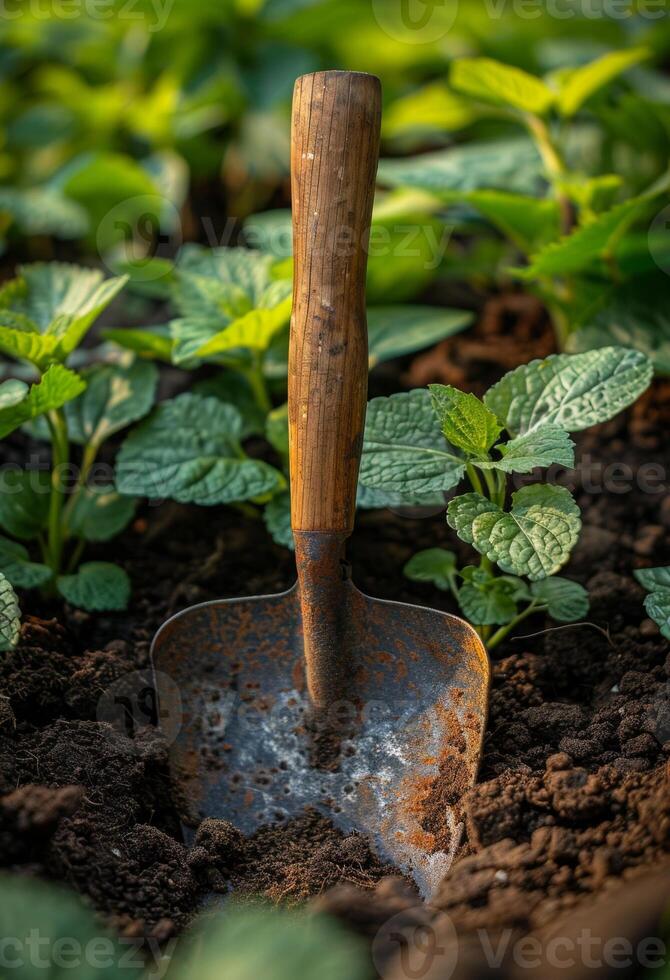 AI generated Shovel and rake in the garden close up photo