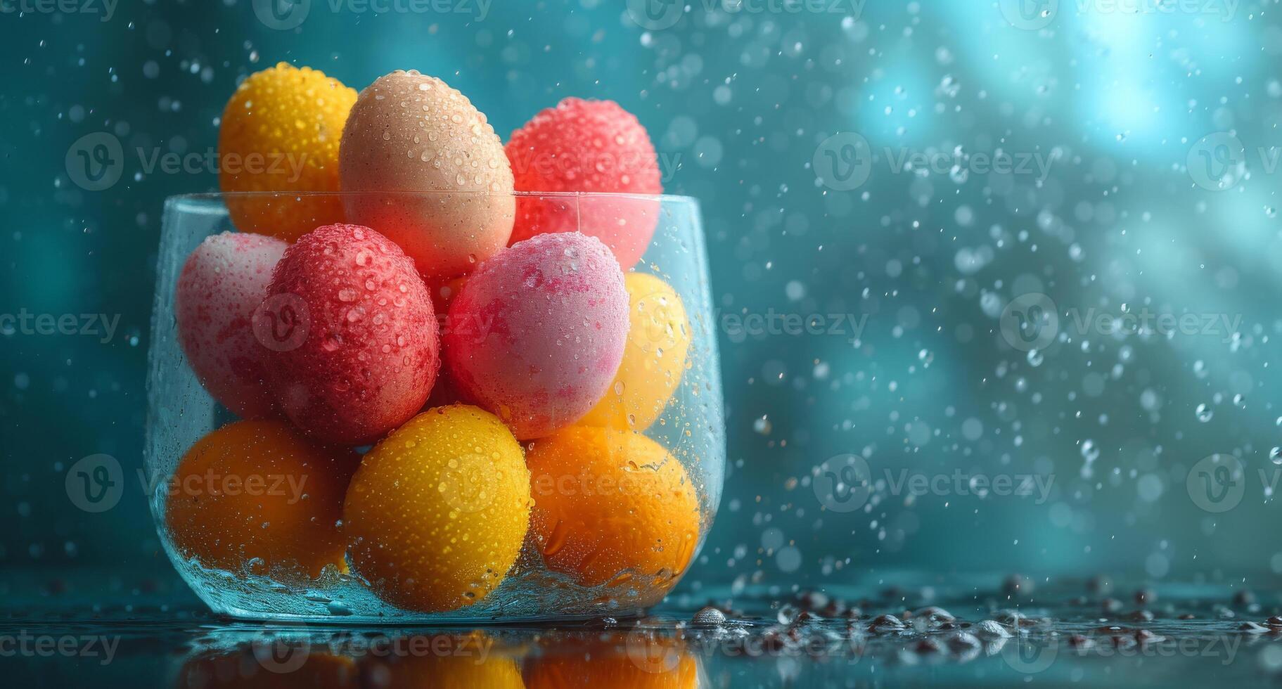 AI generated Colorful easter eggs in glass vase with water drops. A bunch of colored eggs in glasses photo