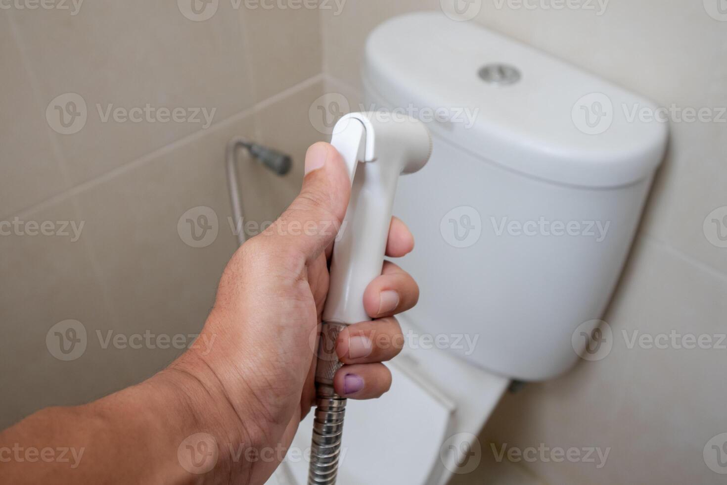 Hand holding bidet shower in a toilet photo