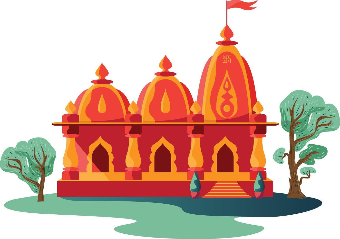 hindú espiritual templo con bandera y arboles aislado vector