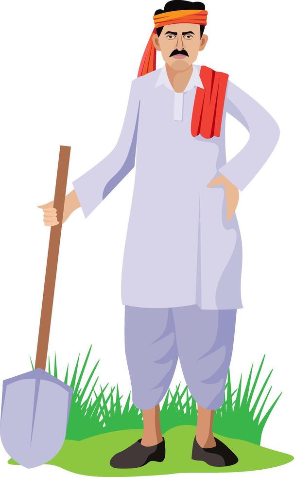 indian farmer standing with shovel vector