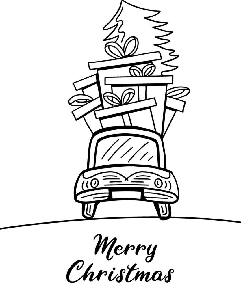 car carrying gifts and christmas tree hand drawn vector illustration