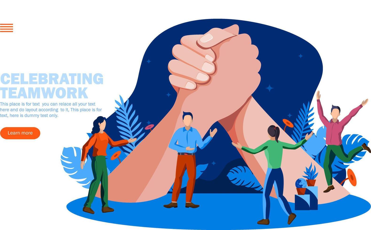 people celebrating teamwork and togetherness in front of big joining hands concept vector illustration