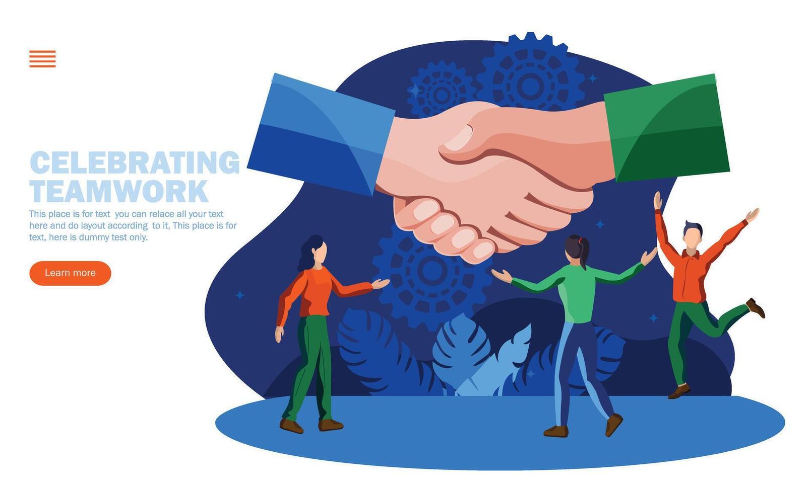 people celebrating teamwork and togetherness in front of big joining hands, shake hand concept vector illustration