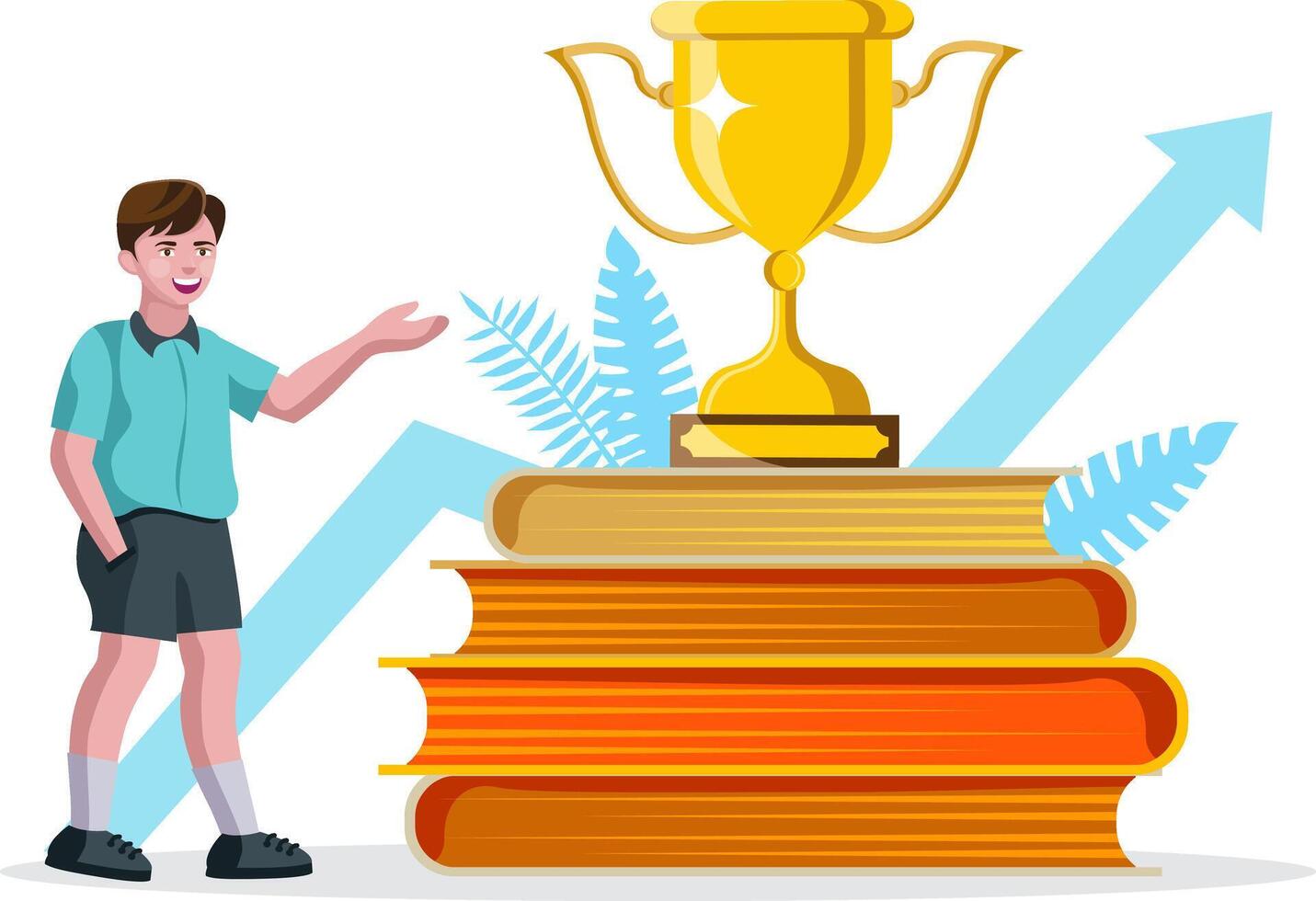 crecimiento y educación concepto, chico en pie con libros y trofeo vector ilustración