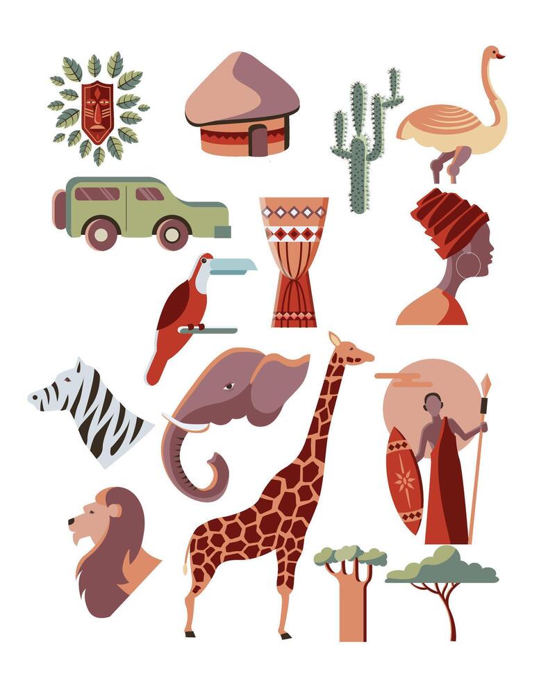 African tribal and wildlife element vector illustration