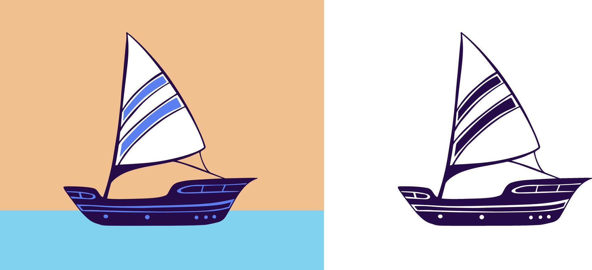 Hand drawn illustrated boat vector black ink drawing isolated on white background