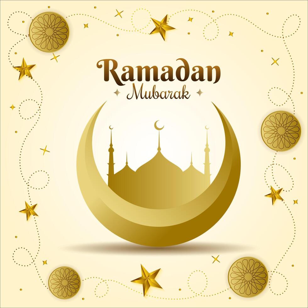 ramzan mubarak greeting with islamic mosque structure and eid moon vector