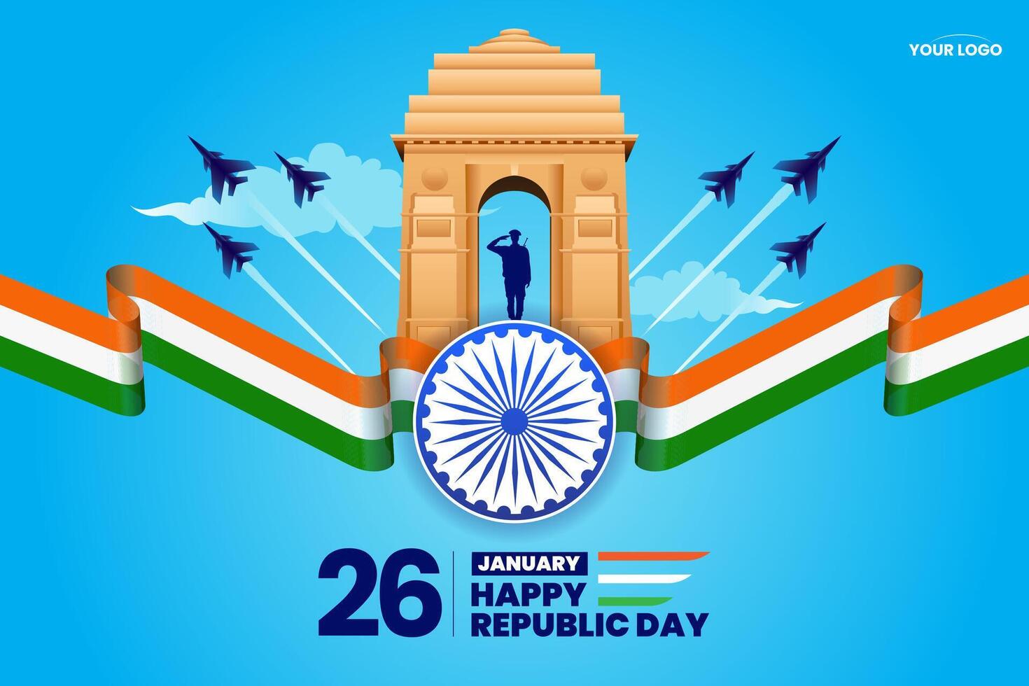 26 enero república día de India celebracion con ondulado indio bandera y India portón vector