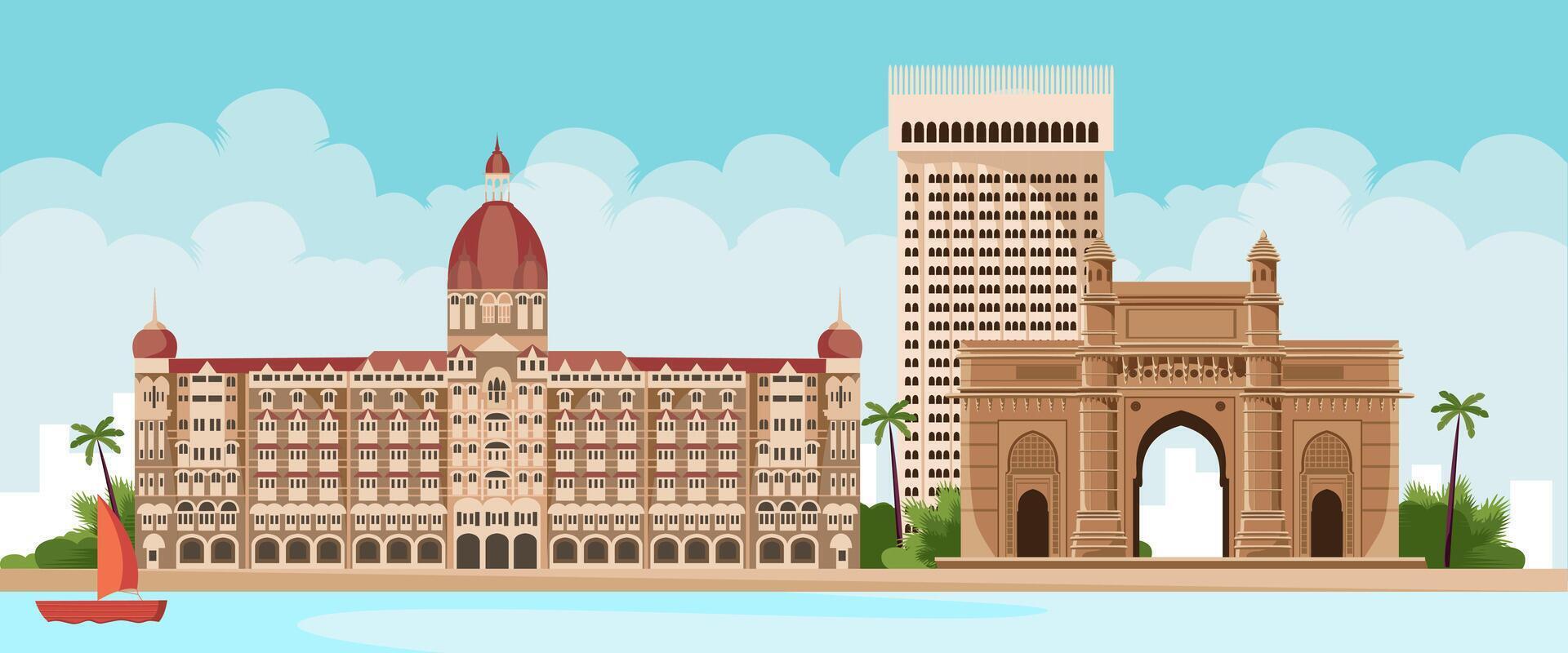 Mumbai, gateway of india and the Taj Mahal Hotel Mumbai, the view from sea vector