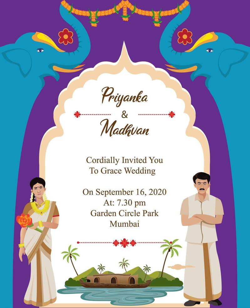 indio kerala Boda tarjeta invitación diseño modelo con decorativo elefante vector